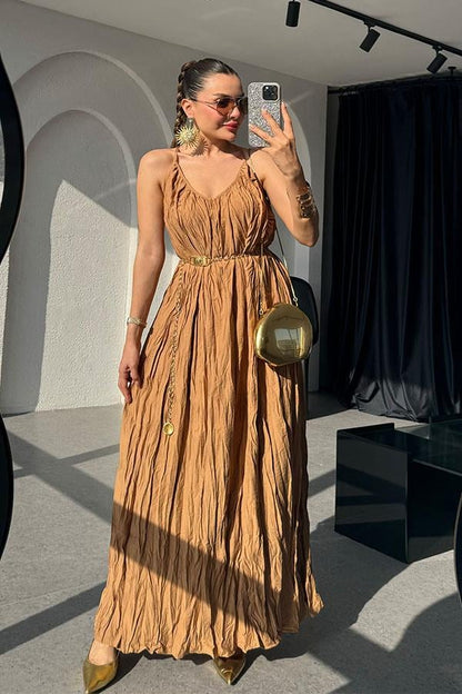 Rivest Askılı Camel Elbise