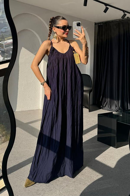 Rivest Askılı Lacivert Elbise