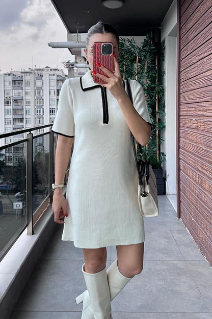 Rocio Polo Yaka Beyaz Triko Elbise