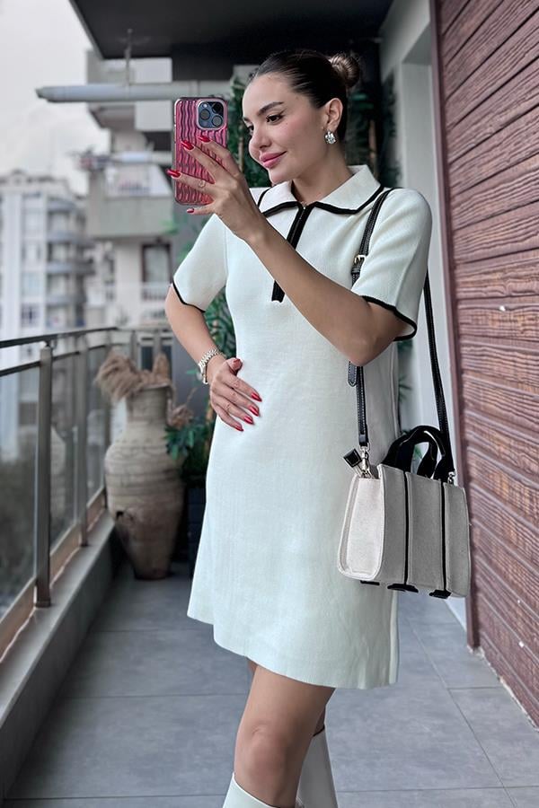 Rocio Polo Yaka Beyaz Triko Elbise