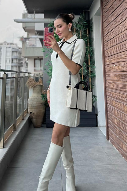 Rocio Polo Yaka Beyaz Triko Elbise