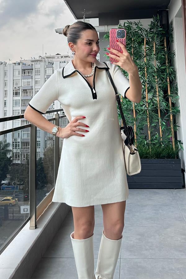 Rocio Polo Yaka Beyaz Triko Elbise