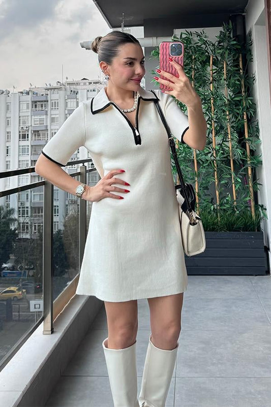 Rocio Polo Yaka Beyaz Triko Elbise