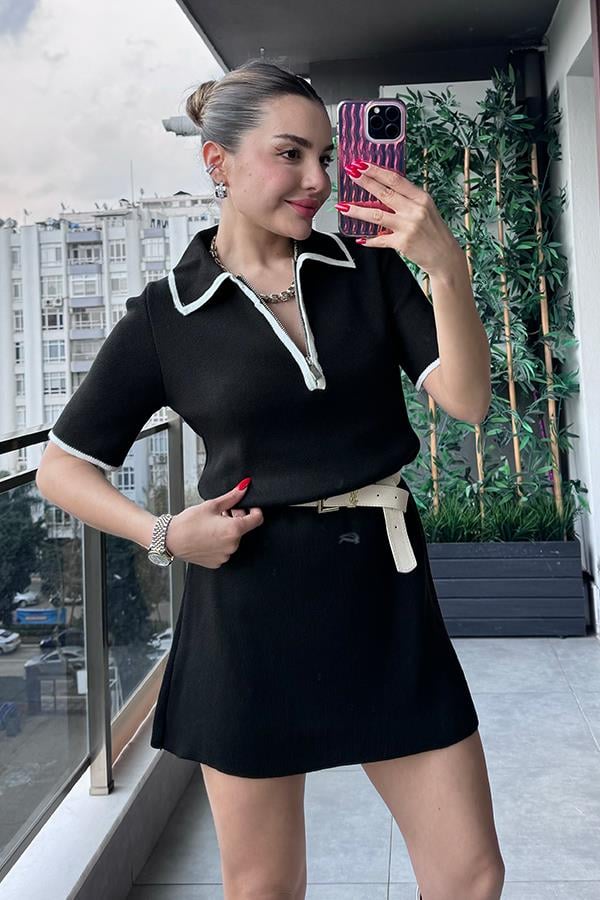 Rocio Polo Yaka Siyah Triko Elbise