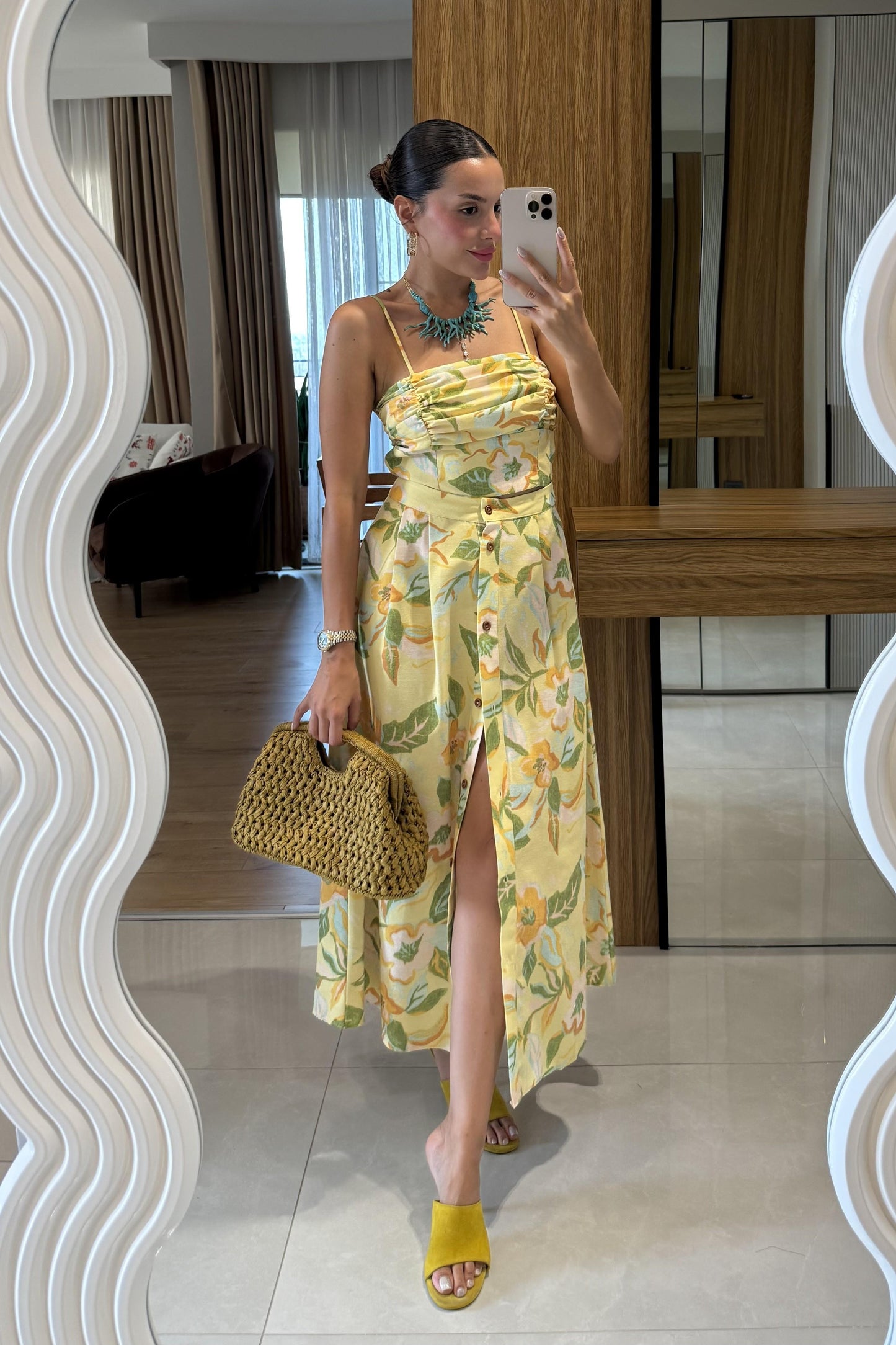 Roesia Sarı Desenli Keten Takım