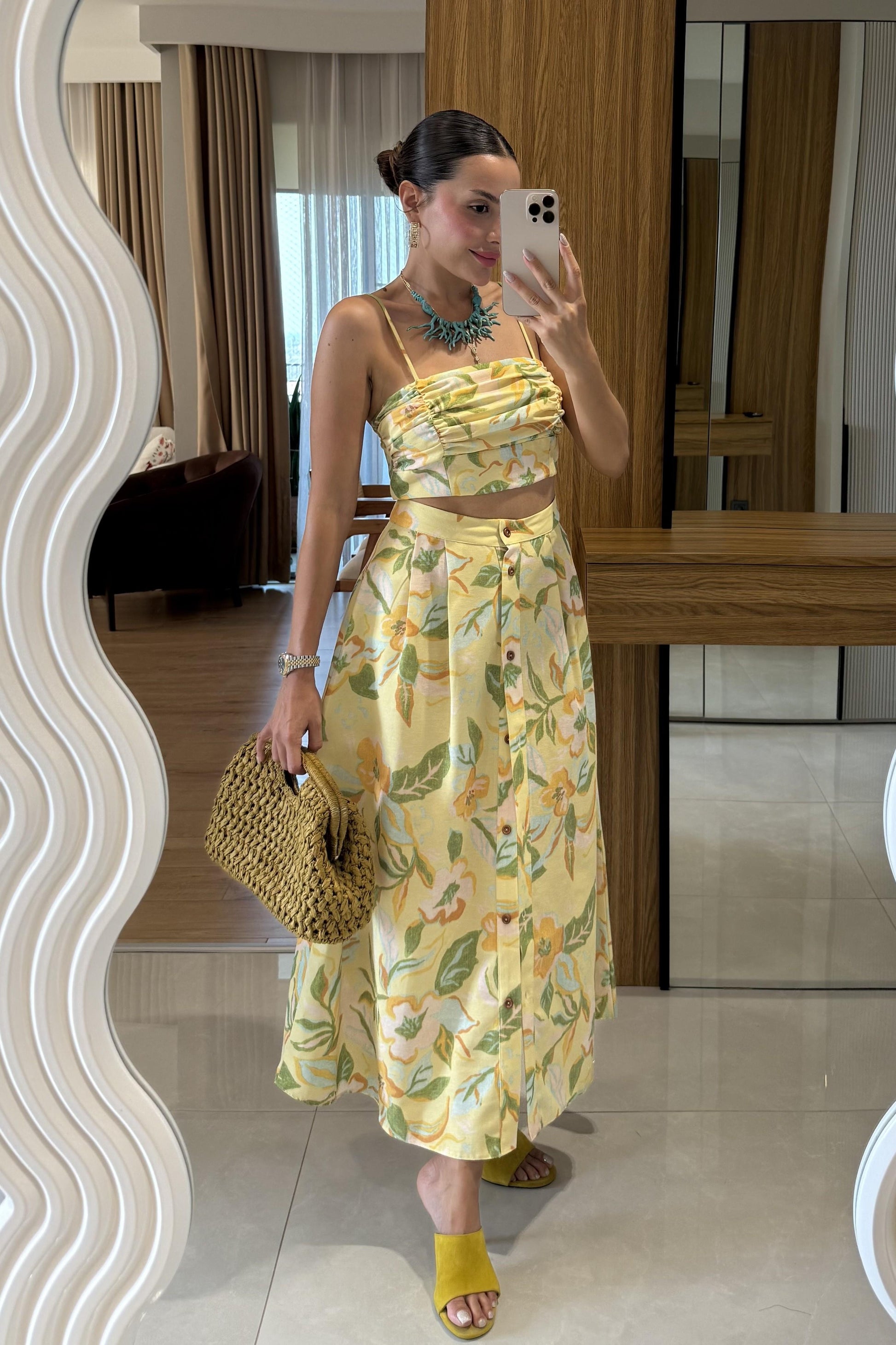 Roesia Sarı Desenli Keten Takım