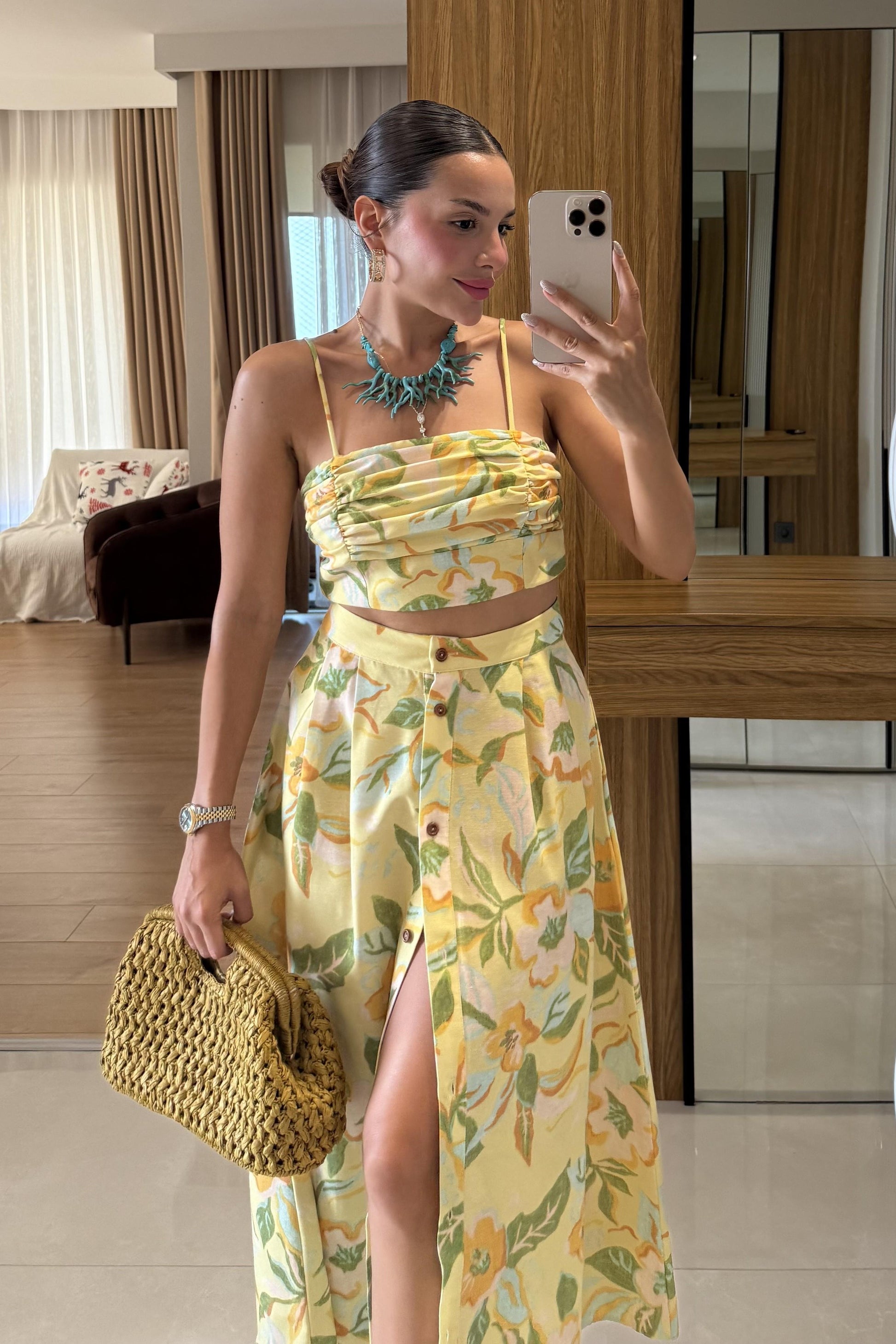 Roesia Sarı Desenli Keten Takım