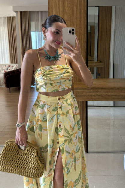 Roesia Sarı Desenli Keten Takım