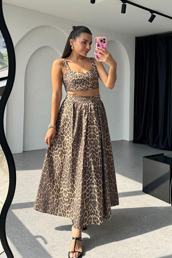Romily Leopar Desen Etek Crop Takım