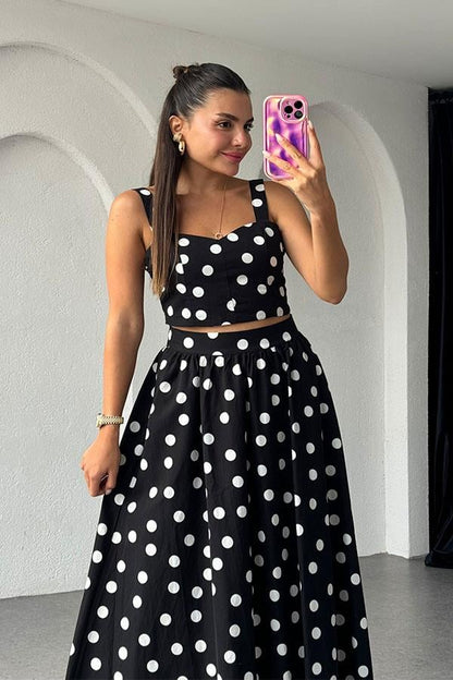 Romily Puantiye Desen Etek Crop Takım - Siyah