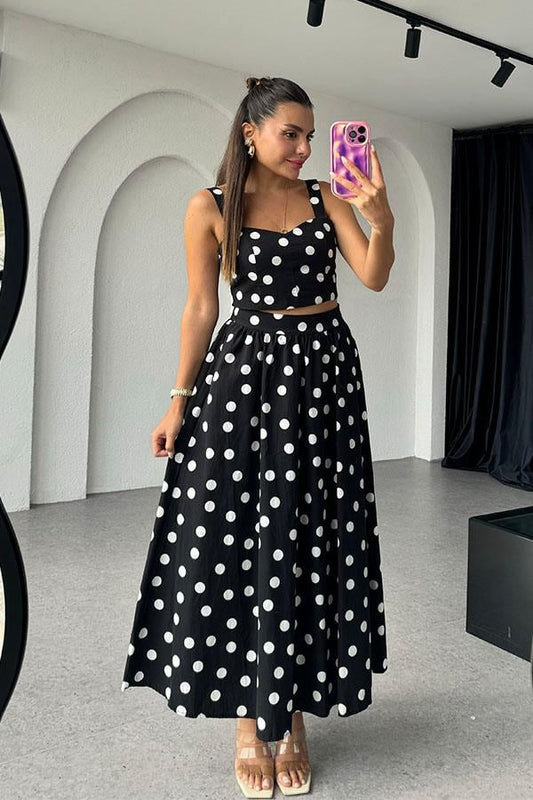 Romily Puantiye Desen Etek Crop Takım - Siyah