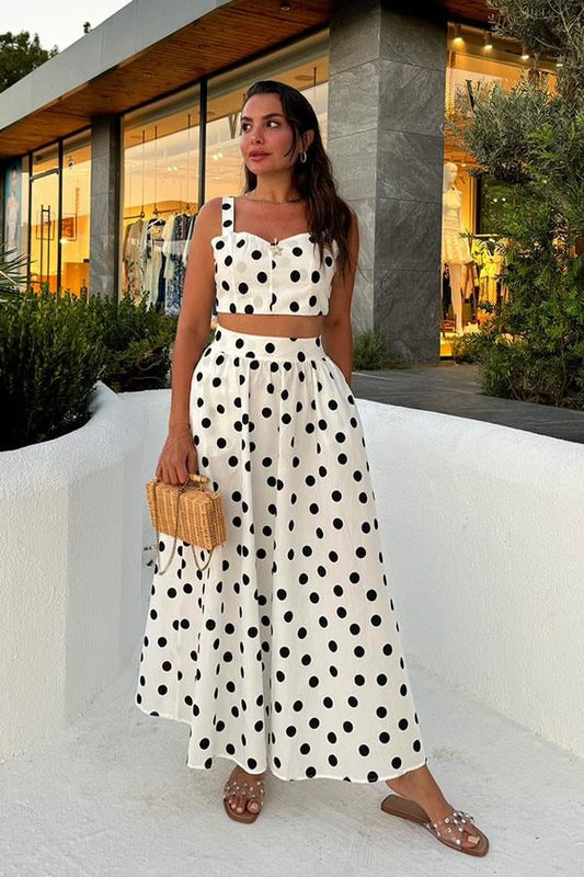 Romily Puantiye Desen Etek Crop Takım-Beyaz