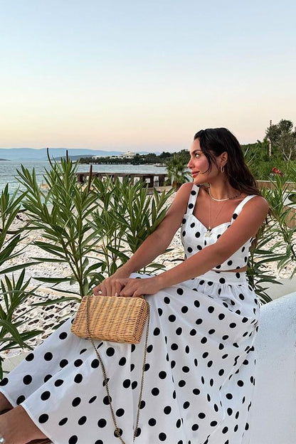 Romily Puantiye Desen Etek Crop Takım-Beyaz