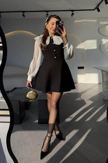 Romona Siyah Tüvit Yakası Taşlı İnci Düğmeli Elbise