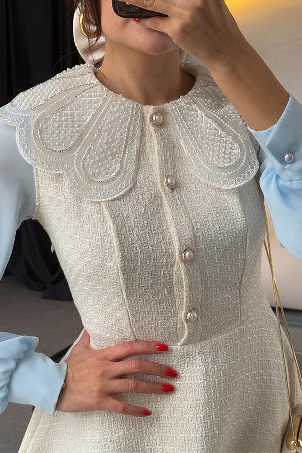 Romona Tüvit Yakası Taşlı İnci Düğmeli Elbise