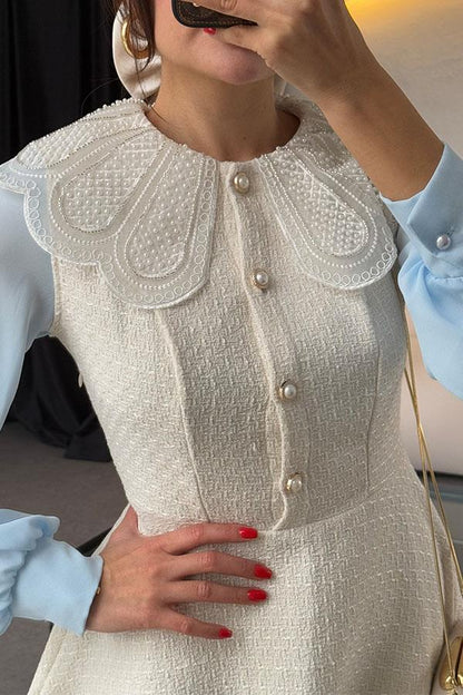 Romona Tüvit Yakası Taşlı İnci Düğmeli Elbise