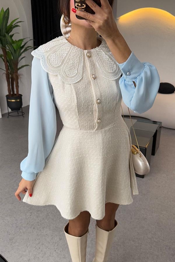 Romona Tüvit Yakası Taşlı İnci Düğmeli Elbise