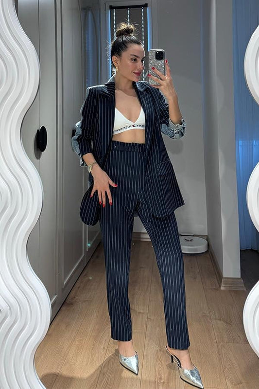 Rosado Kot Karışımlı Çizgili Blazer Takım - Lacivert