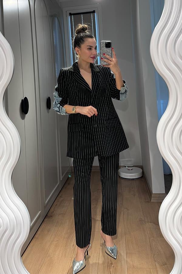 Rosado Kot Karışımlı Çizgili Blazer Takım - Siyah