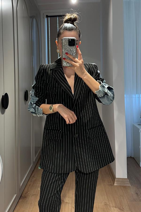 Rosado Kot Karışımlı Çizgili Blazer Takım - Siyah