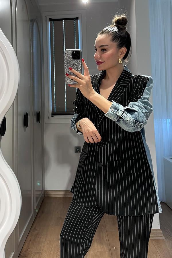 Rosado Kot Karışımlı Çizgili Blazer Takım - Siyah