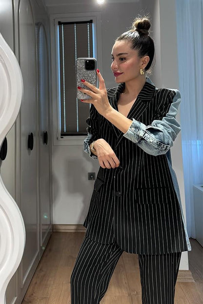 Rosado Kot Karışımlı Çizgili Blazer Takım - Siyah