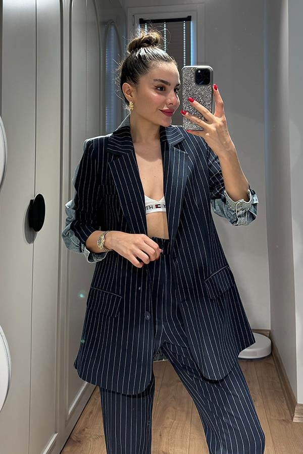 Rosado Kot Karışımlı Çizgili Blazer Takım - Lacivert