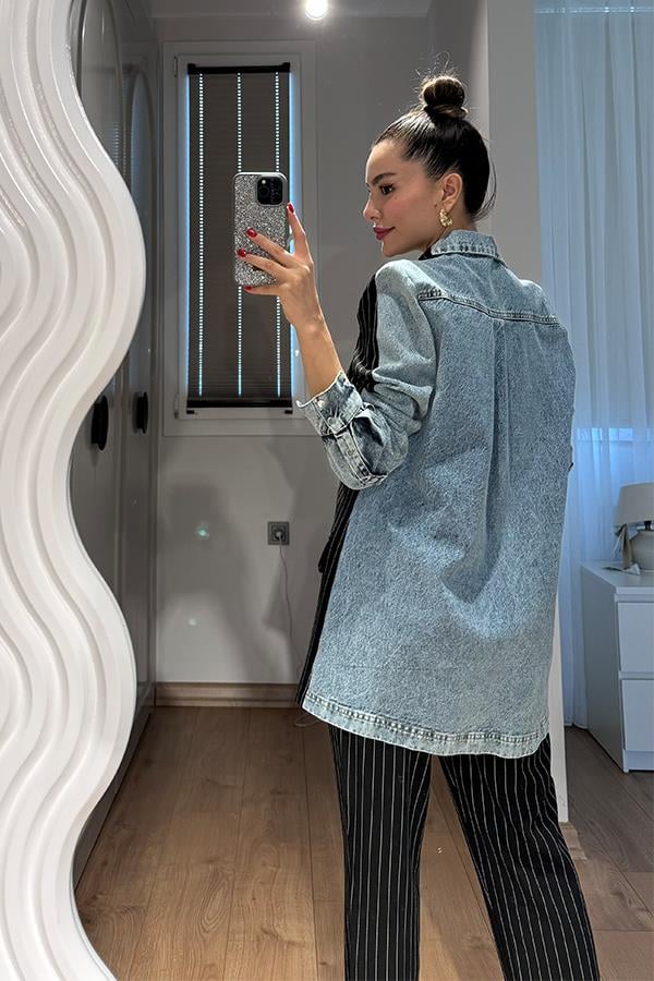 Rosado Kot Karışımlı Çizgili Blazer Takım - Siyah