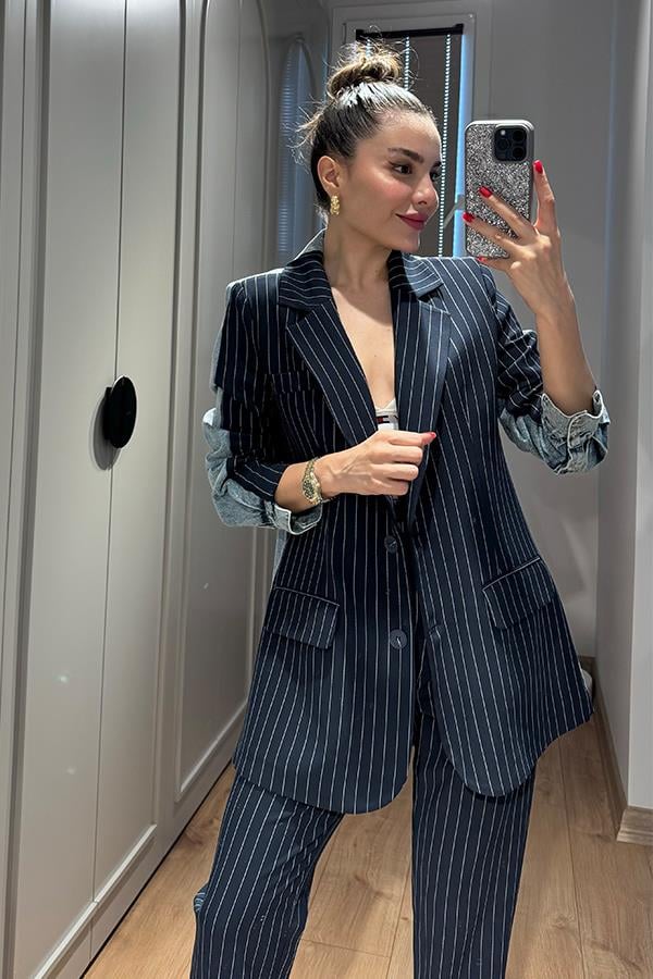 Rosado Kot Karışımlı Çizgili Blazer Takım - Lacivert