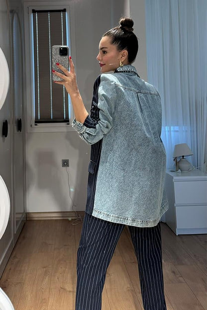 Rosado Kot Karışımlı Çizgili Blazer Takım - Lacivert