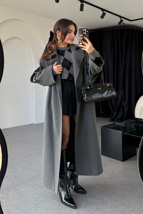 Rosalia Antrasit Kolları Cep Detaylı Premium Kaban