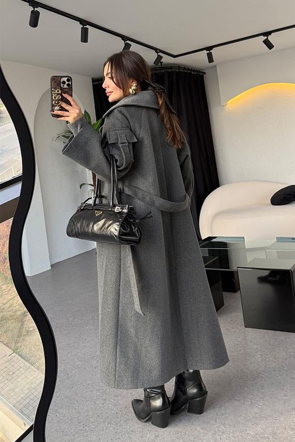 Rosalia Antrasit Kolları Cep Detaylı Premium Kaban