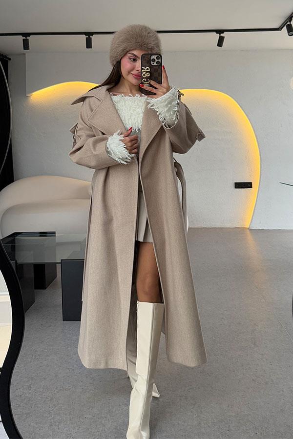 Rosalia Krem Kolları Cep Detaylı Premium Kaban