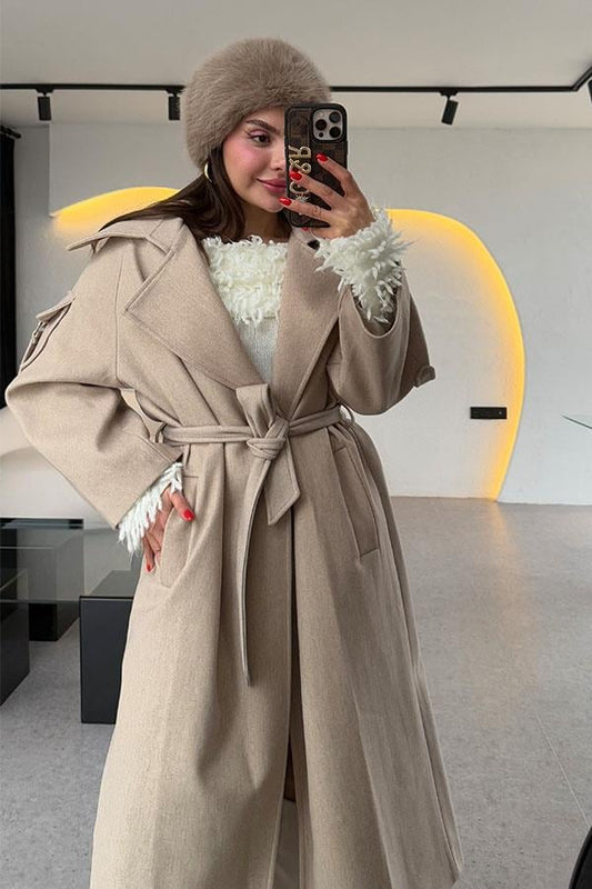 Rosalia Krem Kolları Cep Detaylı Premium Kaban