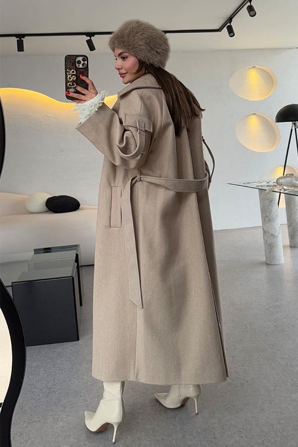 Rosalia Krem Kolları Cep Detaylı Premium Kaban