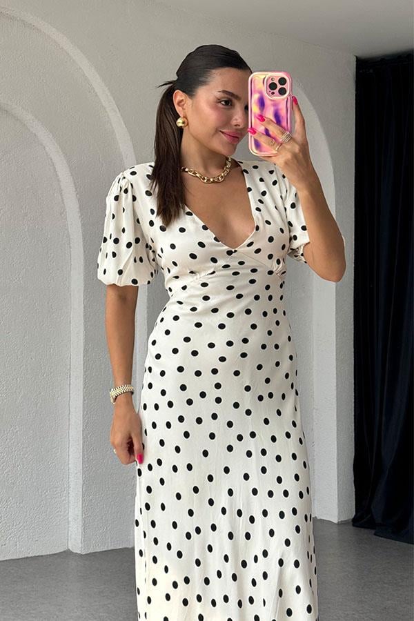 Rosalina Orijinal Saten Puantiye Desen Elbise