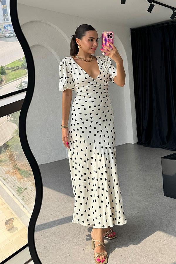 Rosalina Orijinal Saten Puantiye Desen Elbise