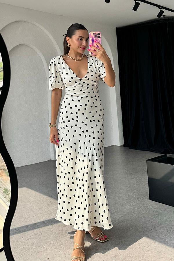 Rosalina Orijinal Saten Puantiye Desen Elbise