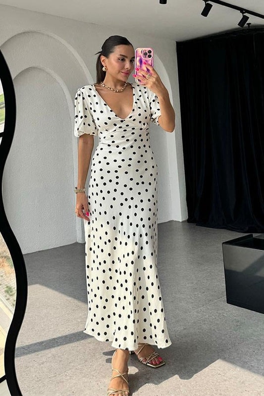 Rosalina Orijinal Saten Puantiye Desen Elbise