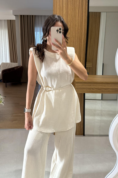 Rosaly Bej Kemerli Müslin Takım