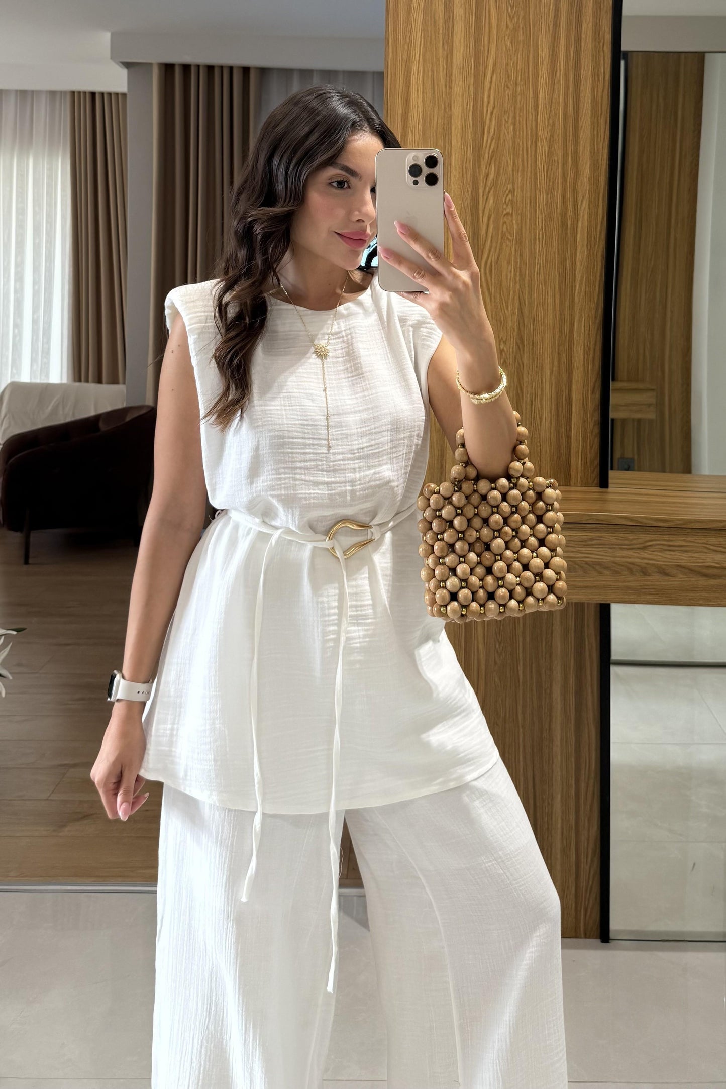 Rosaly Beyaz Kemerli Müslin Takım