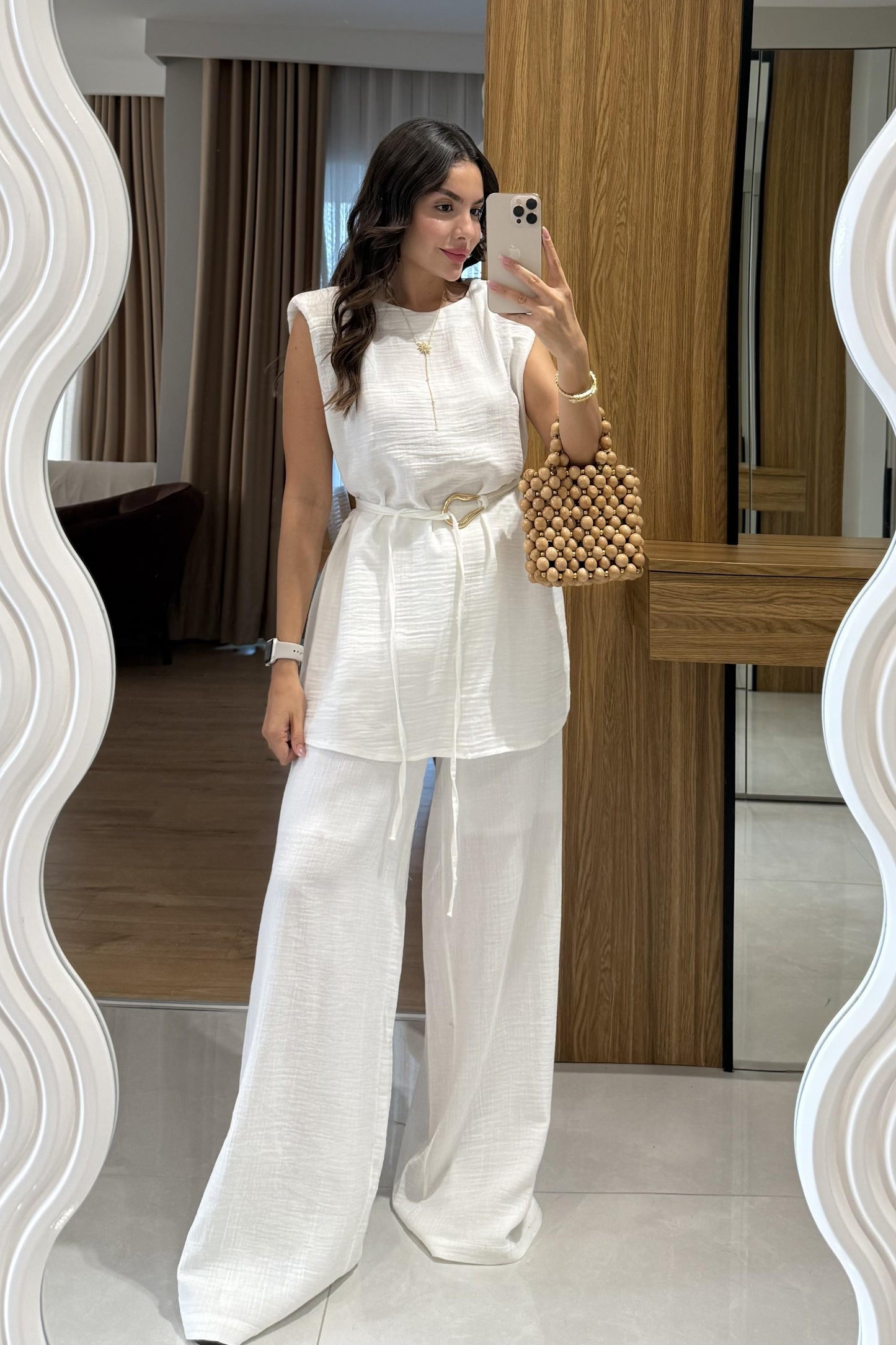 Rosaly Beyaz Kemerli Müslin Takım