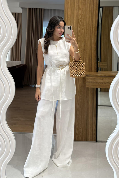 Rosaly Beyaz Kemerli Müslin Takım