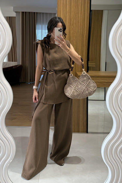 Rosaly Kahve Kemerli Müslin Takım