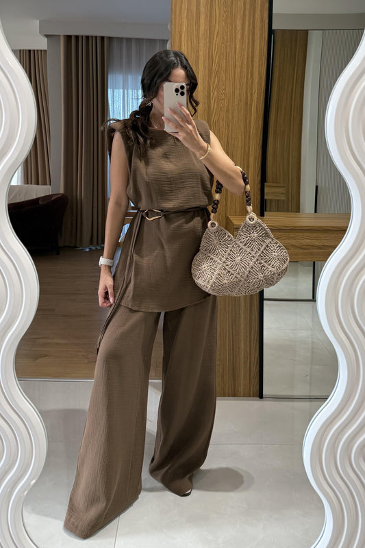 Rosaly Kahve Kemerli Müslin Takım