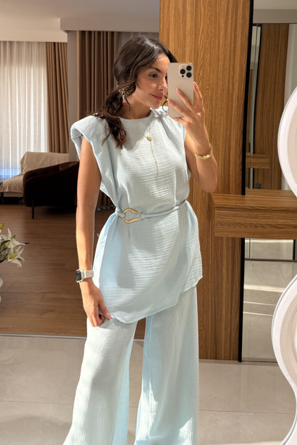 Rosaly Mavi Kemerli Müslin Takım