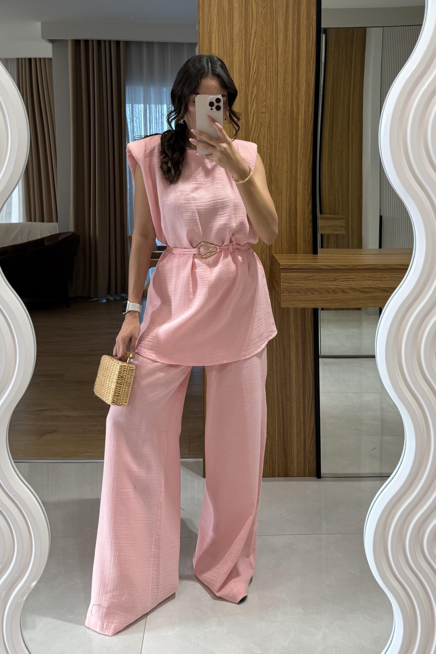 Rosaly Pembe Kemerli Müslin Takım