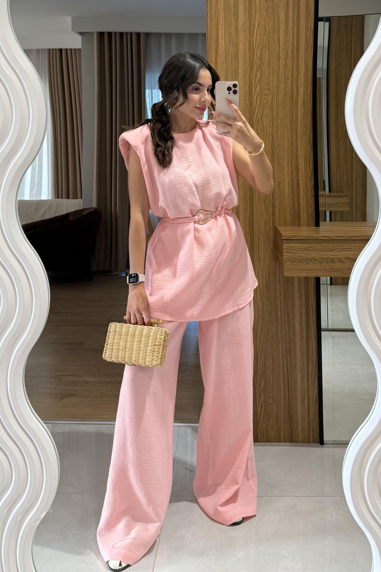 Rosaly Pembe Kemerli Müslin Takım