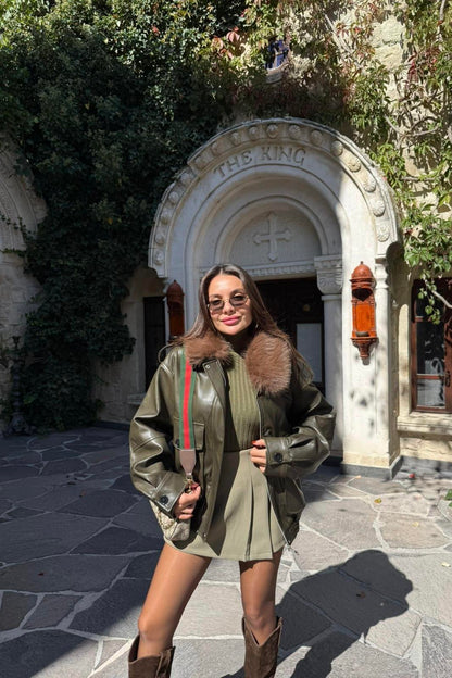 Rosanna Haki Kürk Yaka Deri Ceket