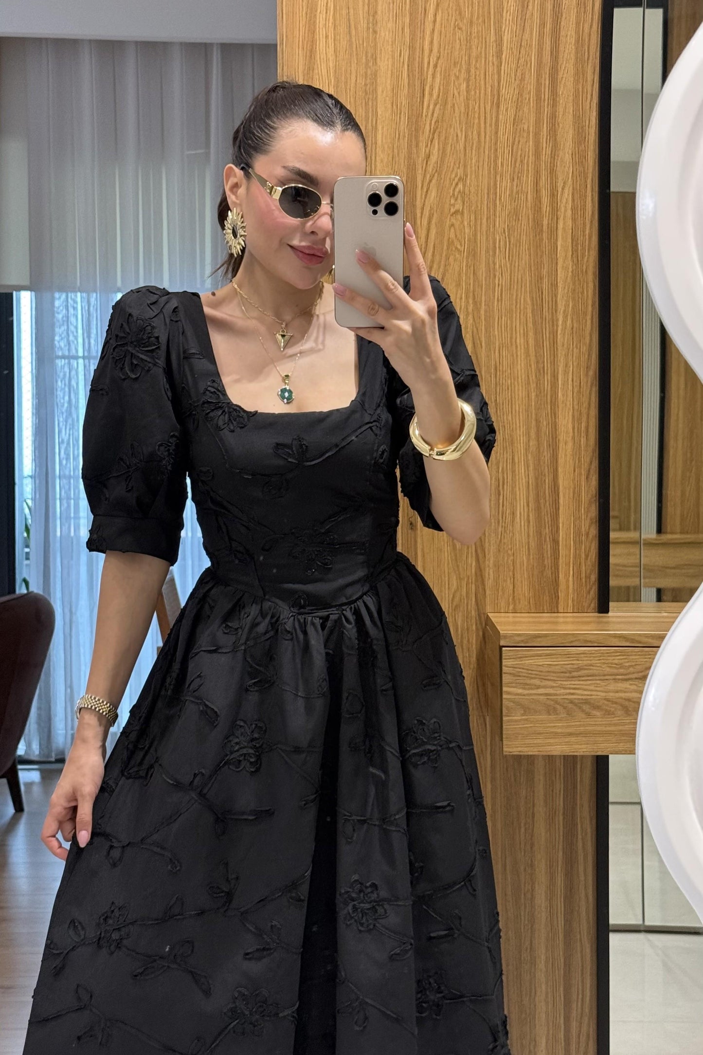 Roselune Siyah Balon Kol Brode Nakış Elbise